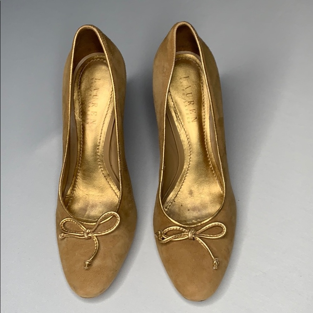 Lauren Ralph Lauren Tan Suede Bow Wedge Pumps Heels